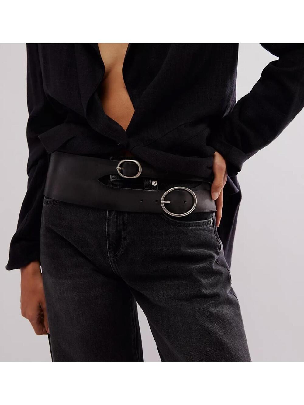 NWT Free People Black Leather Hyde Hip Belt Size S/M